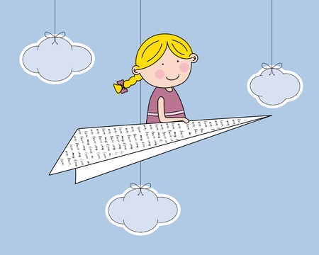 girl flying on a paper boatのイラスト素材