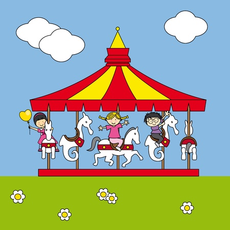 Children playing on the carouselのイラスト素材