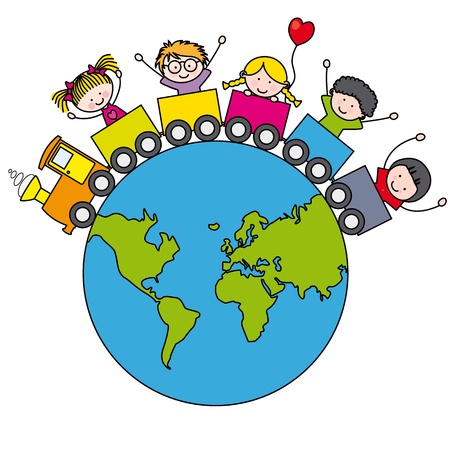 Fun card  Children traveling by train around the globe のイラスト素材