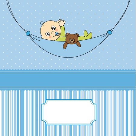 Baby boy arrival announcement card  Baby sleeping with teddy bear のイラスト素材
