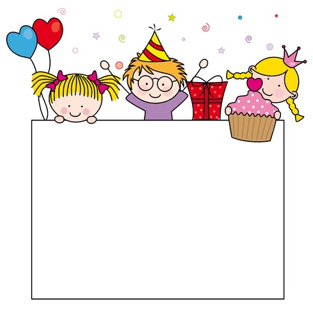 Cute cartoon kids frame. Celebrating birthday party のイラスト素材