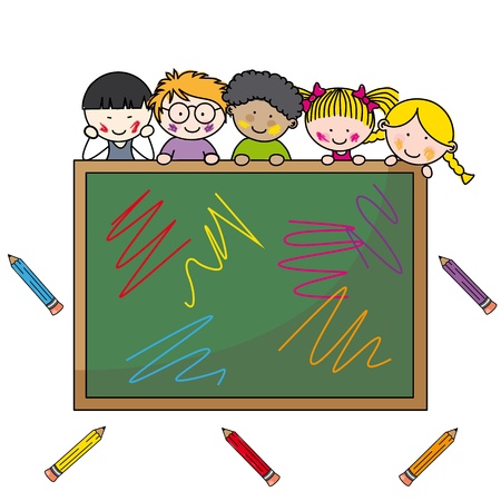 illustration of school boys with chalkboard and education itemのイラスト素材