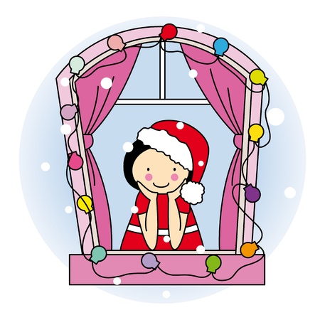 Girl dressed as santa looking out the windowのイラスト素材