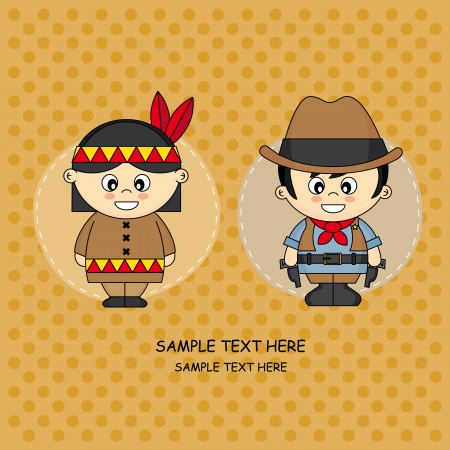 Greeting Card  Children dressed in cowboy and Indianのイラスト素材