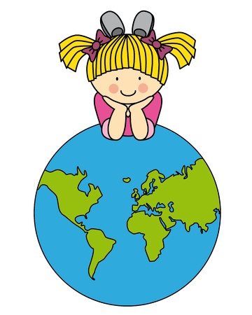 child room sticker. Girl with a globeのイラスト素材
