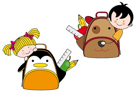 Children with backpacks for school shaped dog and penguinのイラスト素材
