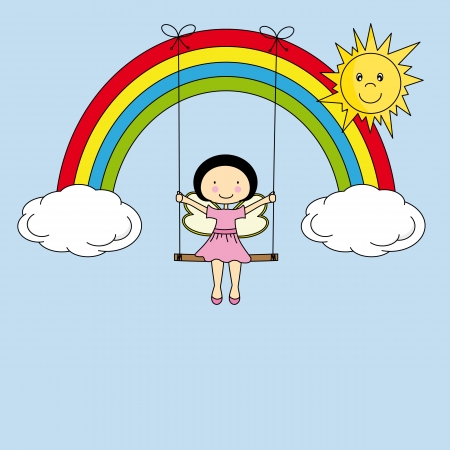 Fairy on a swing hanging from a rainbowのイラスト素材
