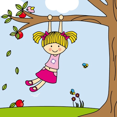 Girl playing on a tree swingのイラスト素材