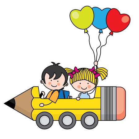 kids riding a pencil car