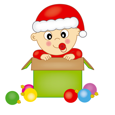 Baby dressed as Santa Claus in a gift box のイラスト素材