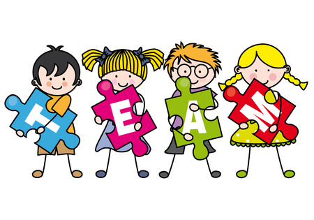 Child with puzzle pieces making a teamのイラスト素材
