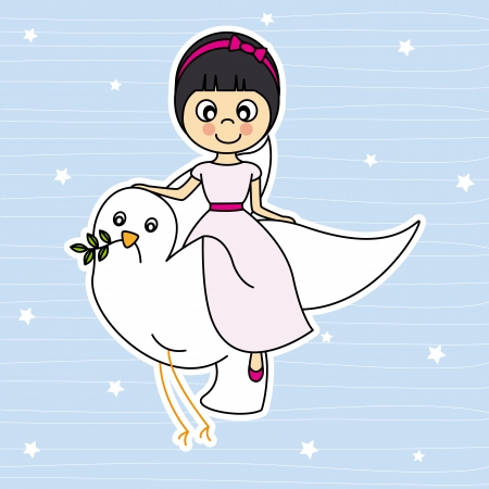 first communion  Girl flying with a dove のイラスト素材