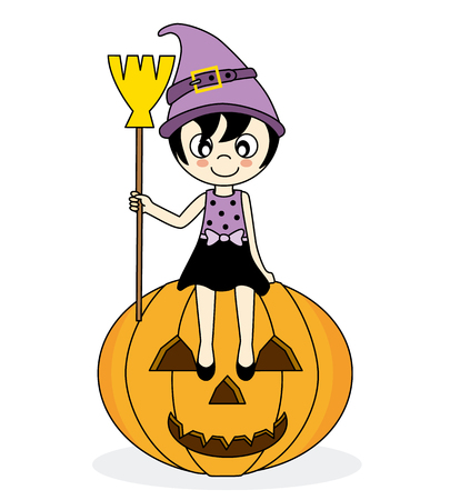 girl dressed as witch sitting on a pumpkin のイラスト素材