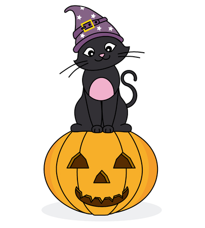 Vector Halloween  Witch cat with hat sitting on a pumpkin のイラスト素材