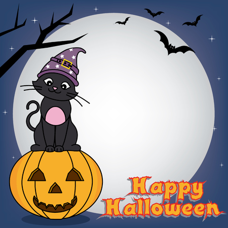 Happy Halloween Poster  Cat sitting on a pumpkin  Spaceのイラスト素材