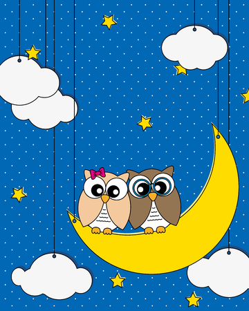 Love card  Owls couple on the moon watching the stars のイラスト素材