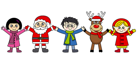 children, Santa Claus and reindeer のイラスト素材