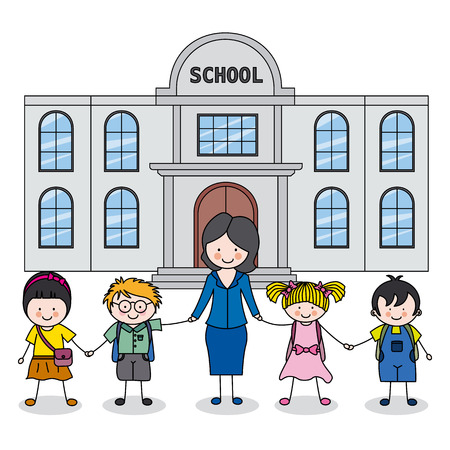 children and teacher in front of the schoolのイラスト素材