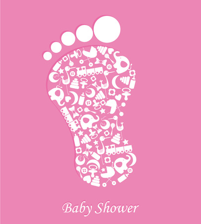 Baby girl birth card  foot with baby iconsのイラスト素材