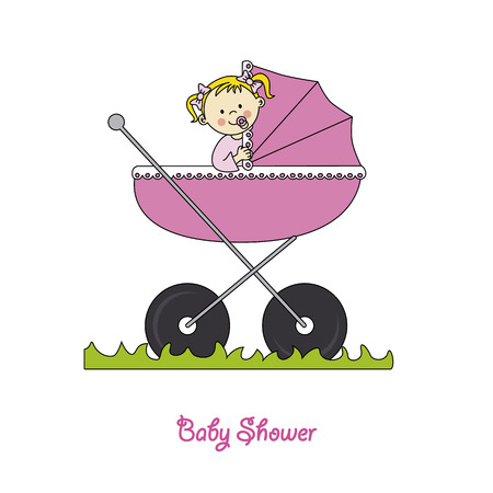 Birth Card  Baby girl in carriage のイラスト素材