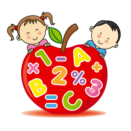 Children with an apple that contains numbers and lettersのイラスト素材