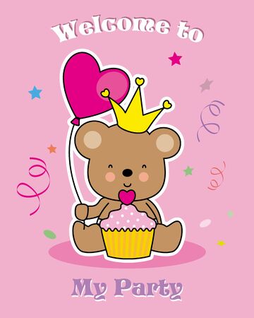 party invitation card. bear with cupcake and balloonのイラスト素材