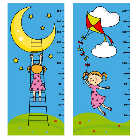 Two bumper girl meter wall. girl wants to reach the moon. girl flying his kiteのイラスト素材