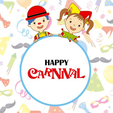 costume party card. harlequin and clown with poster.のイラスト素材