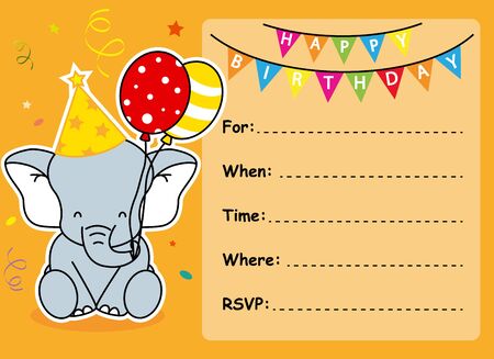 birthday invitation. Elephant with balloons and party hatのイラスト素材