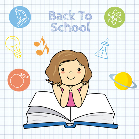 back to school. girl reading and education iconsのイラスト素材