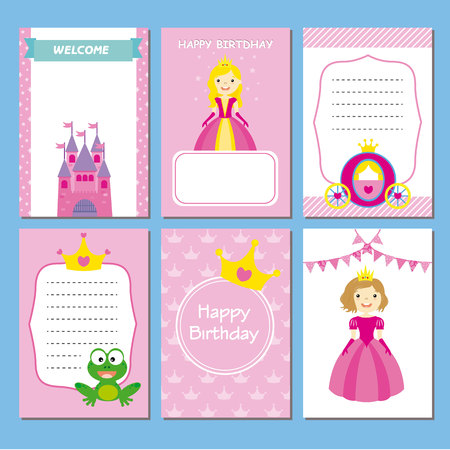 girl birthday party cards. princesses setのイラスト素材