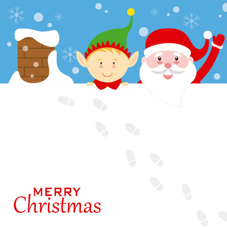 Santa Claus and elf on the roof. merry Christmas cardのイラスト素材
