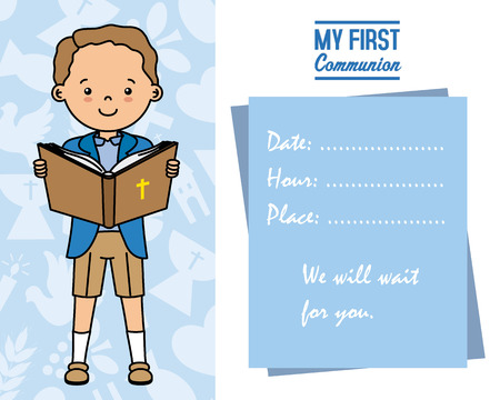 my first communion card. Girl reading the bibleのイラスト素材