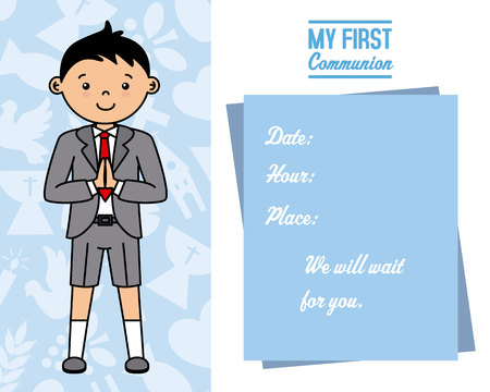 my first communion card. Boy praying. Space for textのイラスト素材