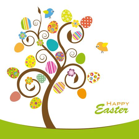 Easter tree. Colorful tree with easter eggs, flowers and birdsのイラスト素材