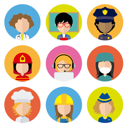 Set of female workers in uniform style icons with flat faces. Avatar professionsのイラスト素材