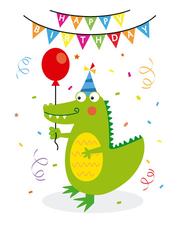 birthday card. With cap Crocodile party, balloon and confettiのイラスト素材