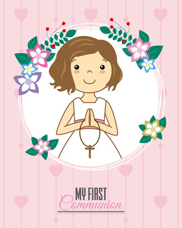 Invitation my first communion. Girl praying inside a flower frameのイラスト素材