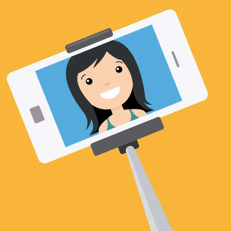 Young girl making a photo with stick selfieのイラスト素材