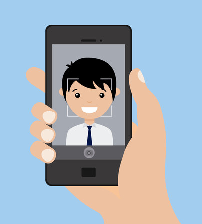 Young boy doing a selfie with smartphoneのイラスト素材