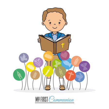 My first communion card. Boy reading the bibleのイラスト素材