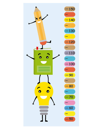 Meter wall book, pencil and light bulb with smiling facesのイラスト素材