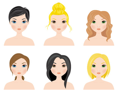 Set of cute girls with different hairstyles and hair colors.のイラスト素材