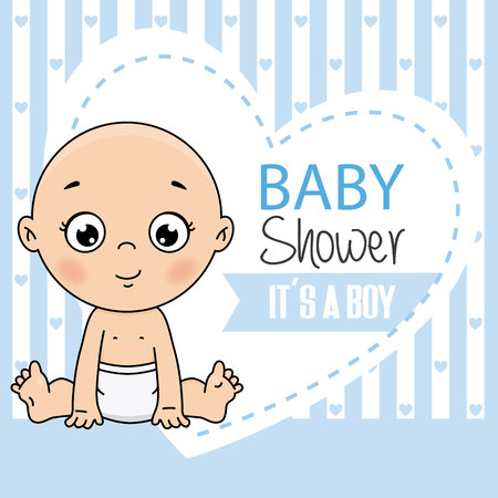 A baby shower card. cute baby boy sitting with blue background and space for text isolated on plain background.のイラスト素材