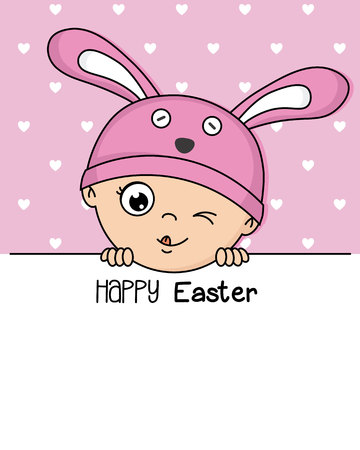 Happy Easter card. Cute baby with rabbit hat.のイラスト素材