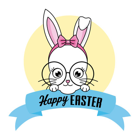 Happy Easter card. Hipster bunny girl with glasses and tieのイラスト素材