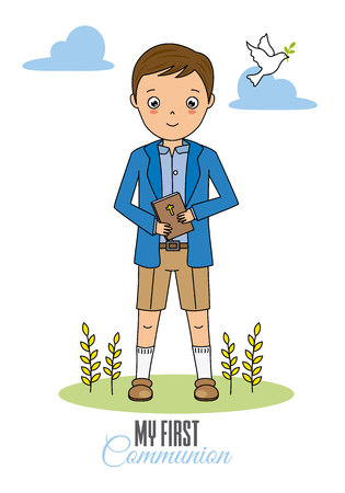 My first communion boy. Child with a bible.のイラスト素材