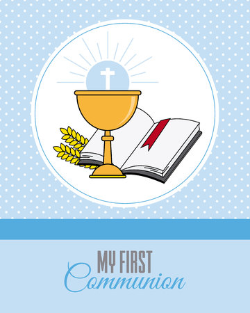 Card my first communion invitation with chalice  and Bible on blue background.のイラスト素材