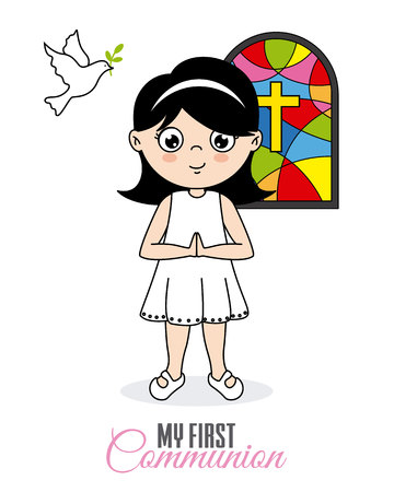 my first communion. Girl praying in churchのイラスト素材