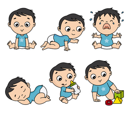 Baby boy set in different poses such as standing, sitting, crying, playing, crawling. vector isolatedのイラスト素材